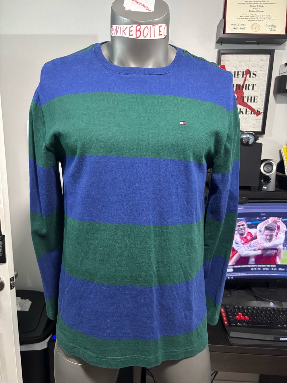 Tommy Hilfiger Striped L/S Sweatshirt Shirt Blue & Green Mens Large Colorblock
